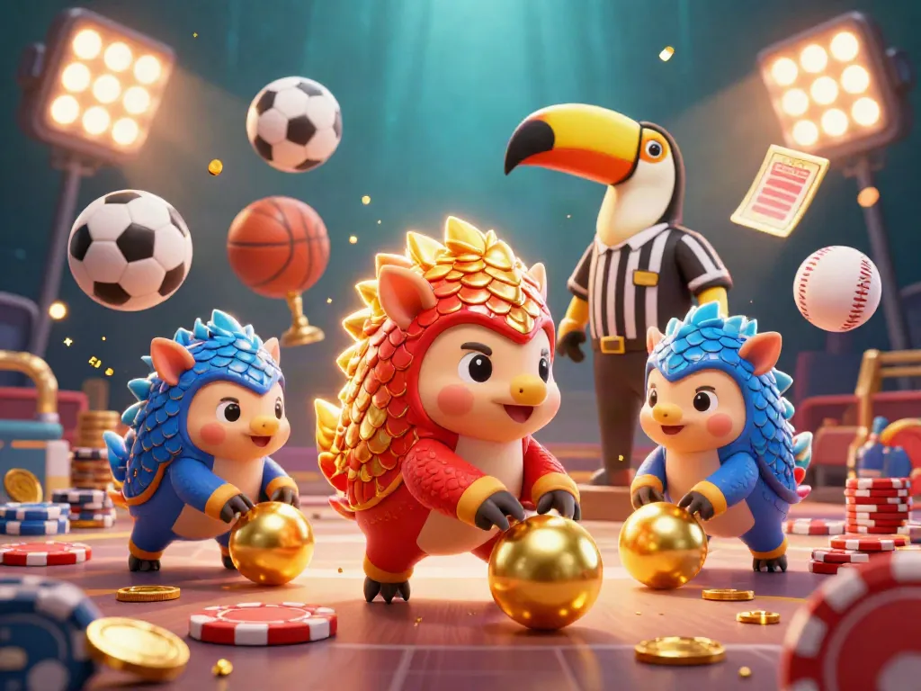 Engage with TR88's colorful casino atmosphere featuring two rival pangolins, golden balls, and dynamic sports betting elements.