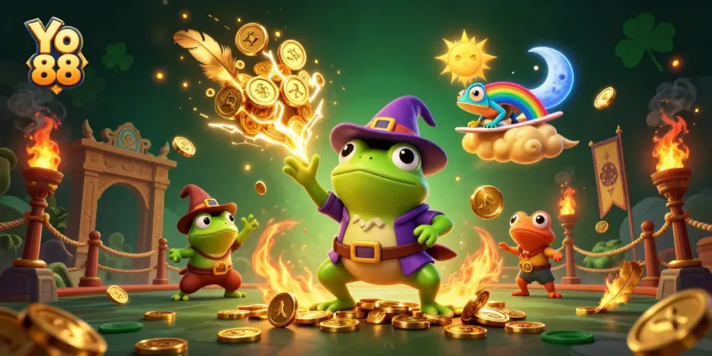 Experience winning big at Yo 88 with vibrant golden coin storms and dynamic casino elements.