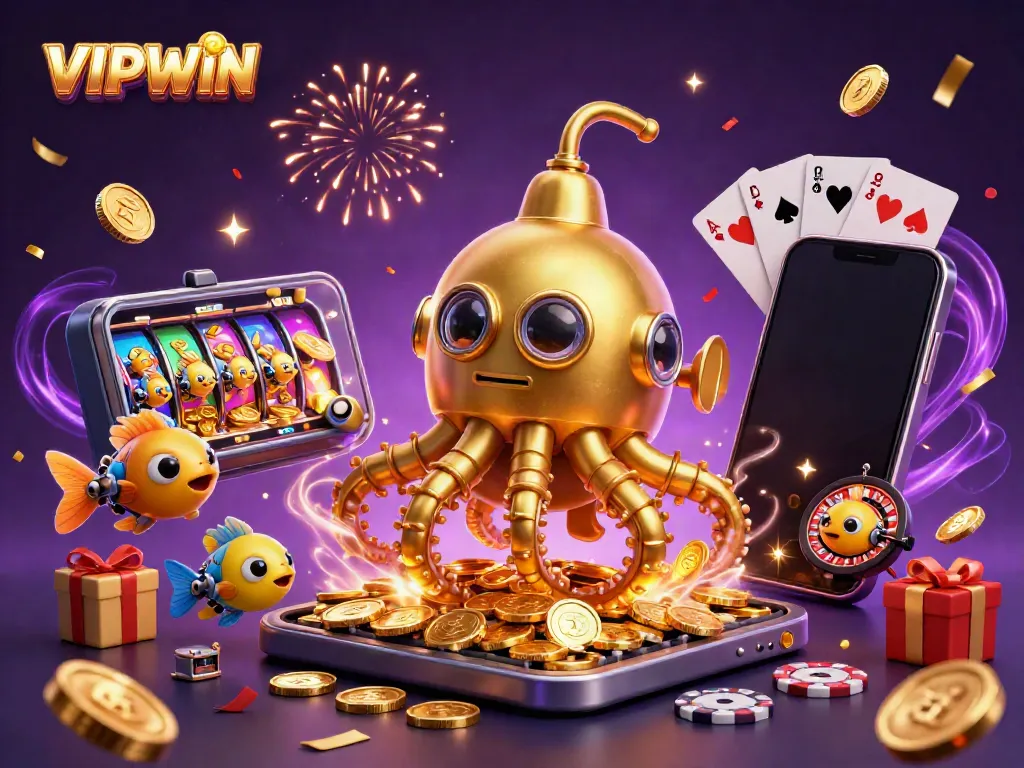 Engage with VIPWIN's thrilling casino experience featuring a golden kraken and dynamic casino elements.