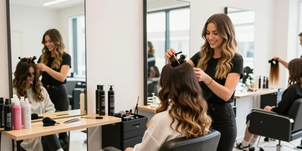 No damage hair extensions showcased by a stylish woman in a vibrant salon.