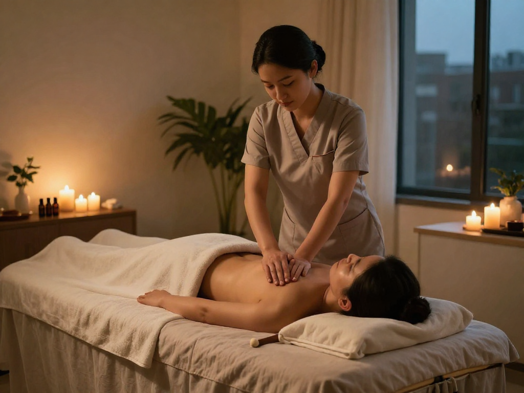 강남출장마사지 performed in a luxurious home setting with a professional therapist.
