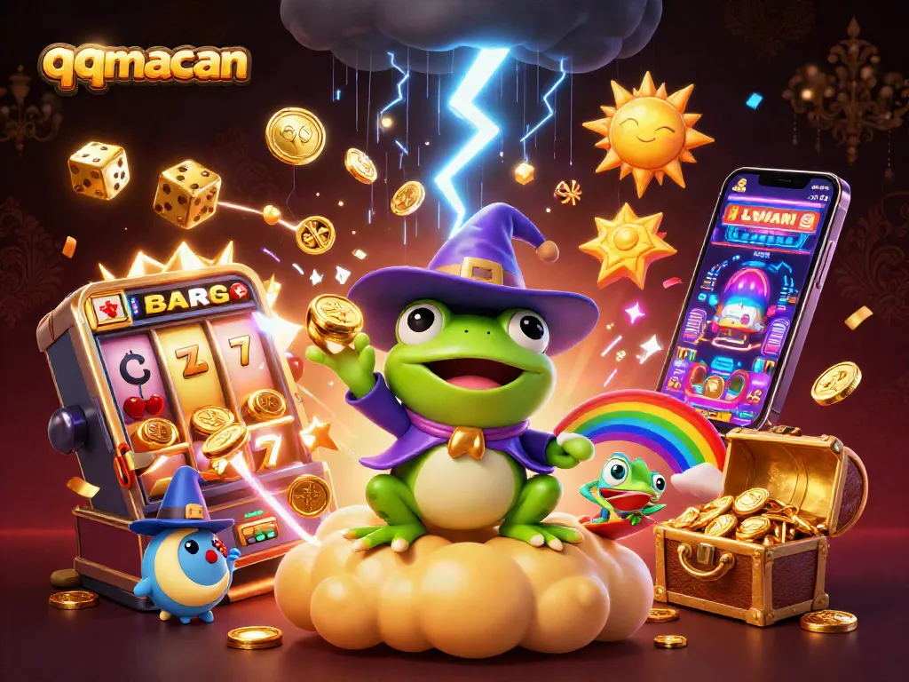 Engage with qqmacan’s exciting gaming world featuring a wizard frog and vibrant casino elements.
