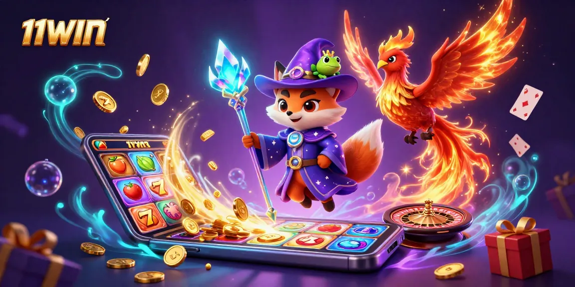 Experience the magic of 11WIN with a mystical scene filled with slots, golden coins, and vibrant characters.