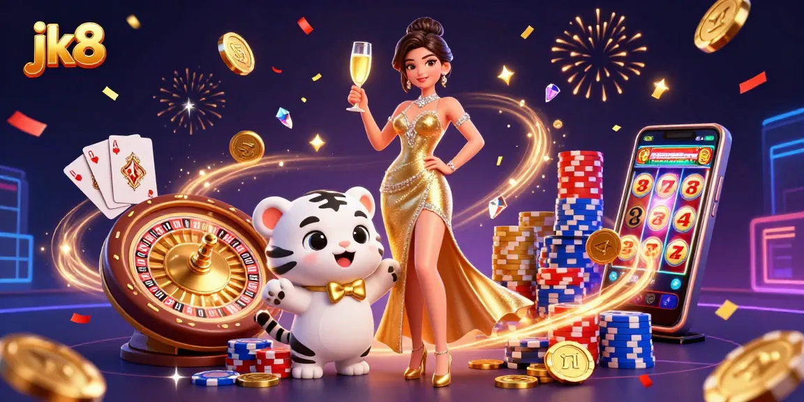 Join the exciting jk8 online casino experience with glamorous characters enjoying gameplay amidst gold coins and vibrant elements.