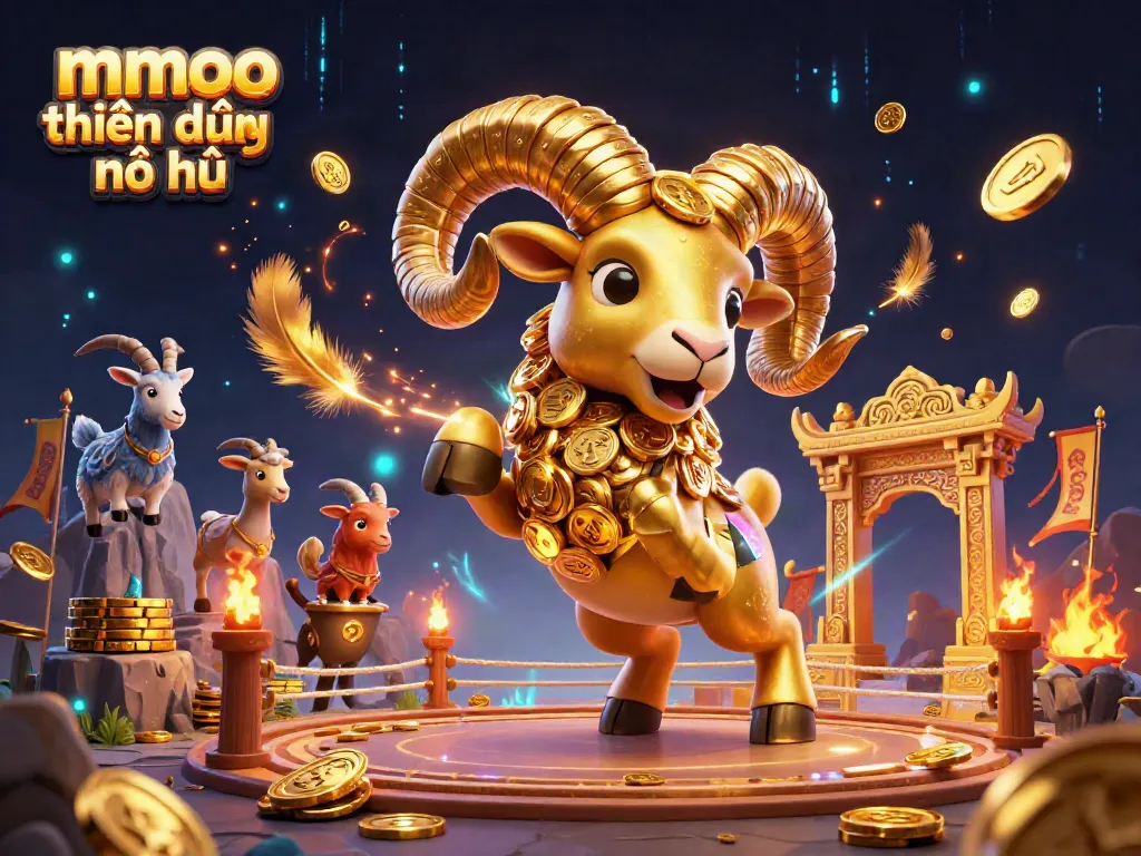 Win big at mmoo thiên đường nổ hũ with an epic golden ram charging into a casino prize arena.