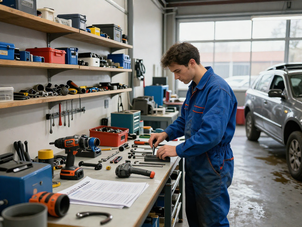 Mechanic evaluating ks tools in a well-lit automotive workspace with organized equipment and vehicles.