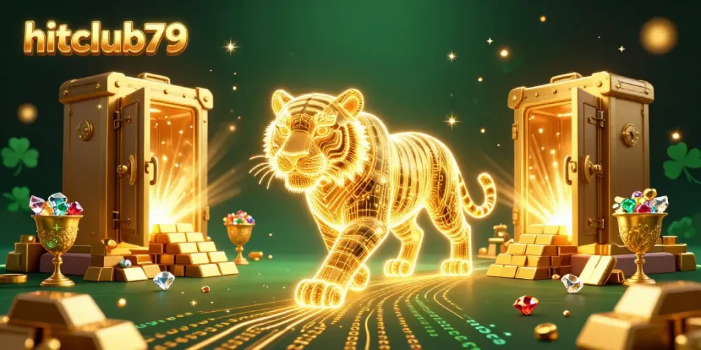 Engage with hitclub79 as the golden tiger prowls a vibrant digital casino landscape, surrounded by treasure.
