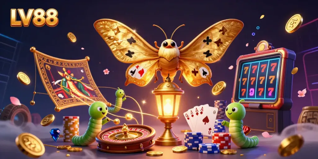 Experience the thrill of LV88 with vibrant 3D casino elements, featuring winning plays and dynamic golden effects.