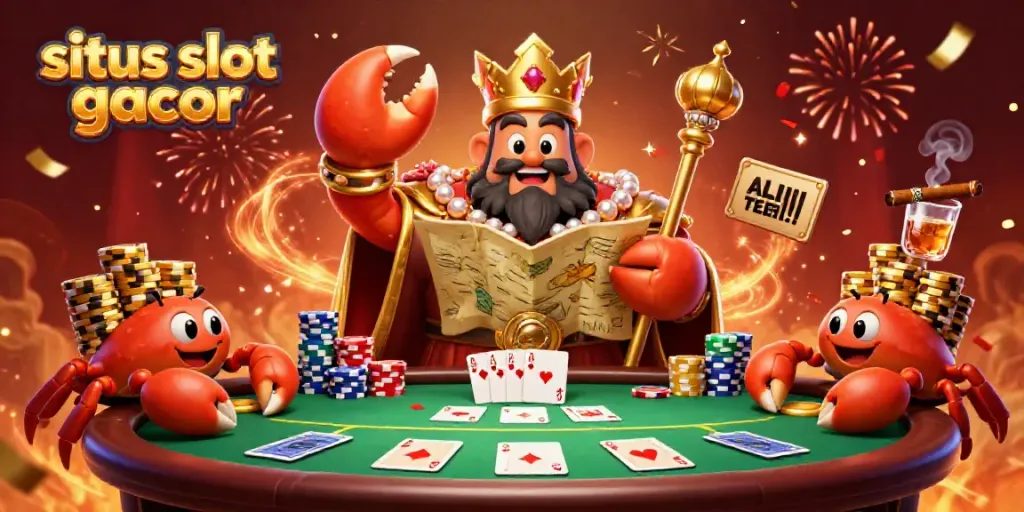 Engage with situs slot gacor through a vibrant illustration of a golden crab emperor amidst poker elements.