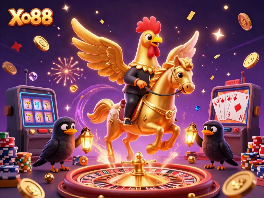 Xo88 casino illustration featuring a golden rooster and spectral horse celebrating a jackpot with coins and cards.