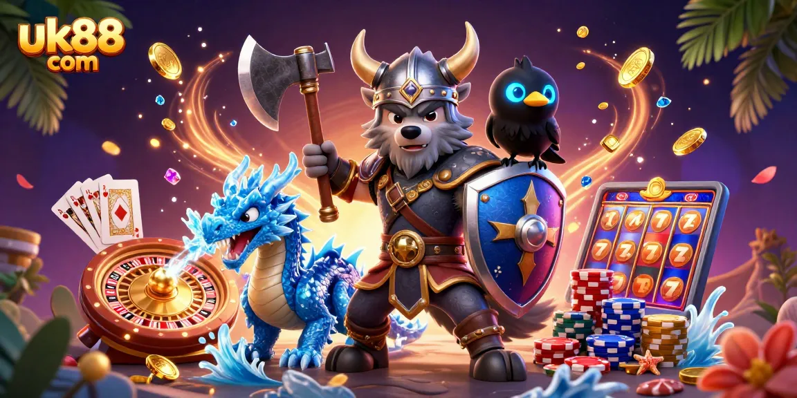 Engage in the thrilling action of uk88 com with a Viking warrior, dragon, and vibrant casino elements.