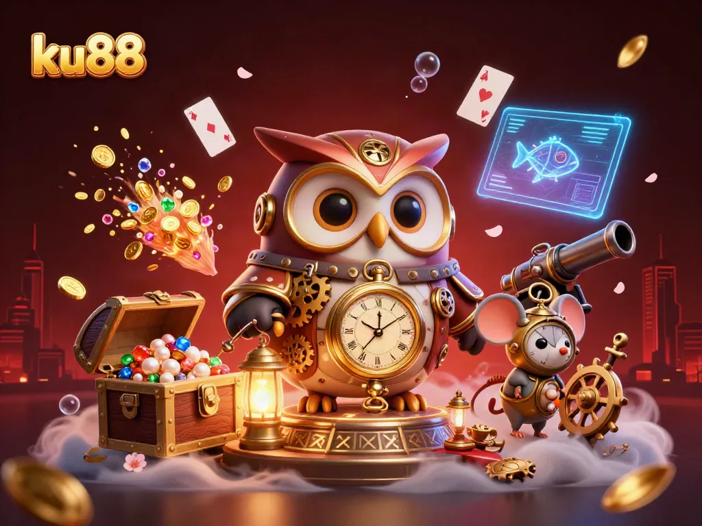 ku88's steampunk owl showcases a thrilling casino scene with treasures and futuristic elements, inviting players to engage.