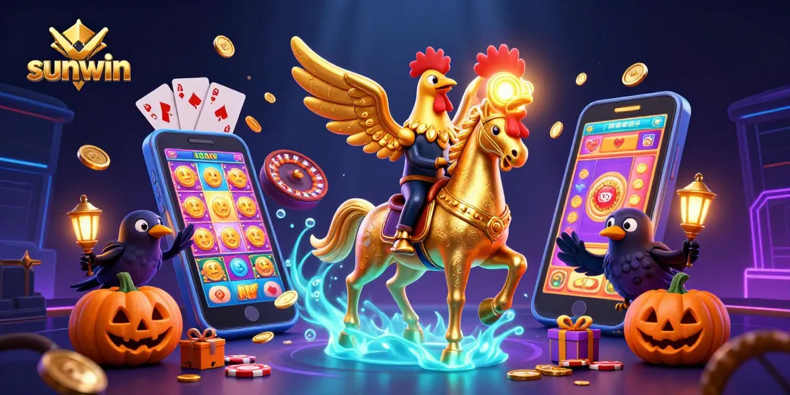 Win big with sunwin’s vibrant gaming scene featuring a golden rooster and spooky companions in a lively casino.