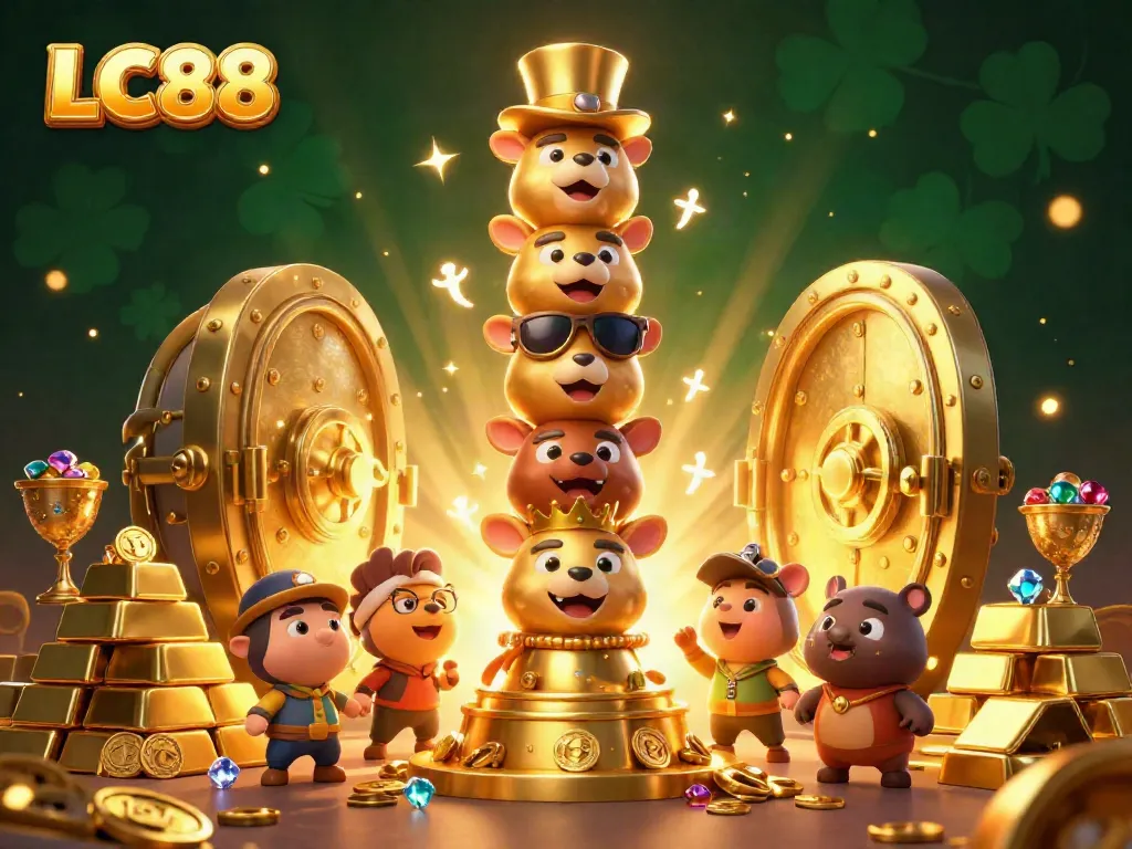 Spin the reels with LC88 in an immersive golden casino treasure scene filled with vibrant riches.