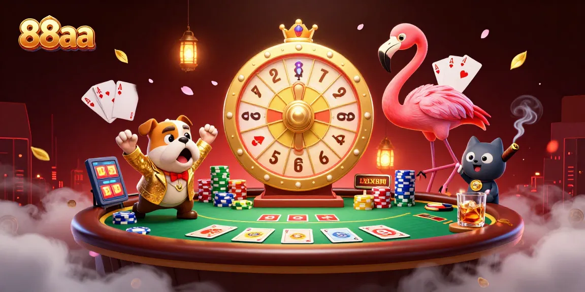 Play exciting casino games like 88aa with the flamingo host spinning the prize wheel amid colorful poker elements.
