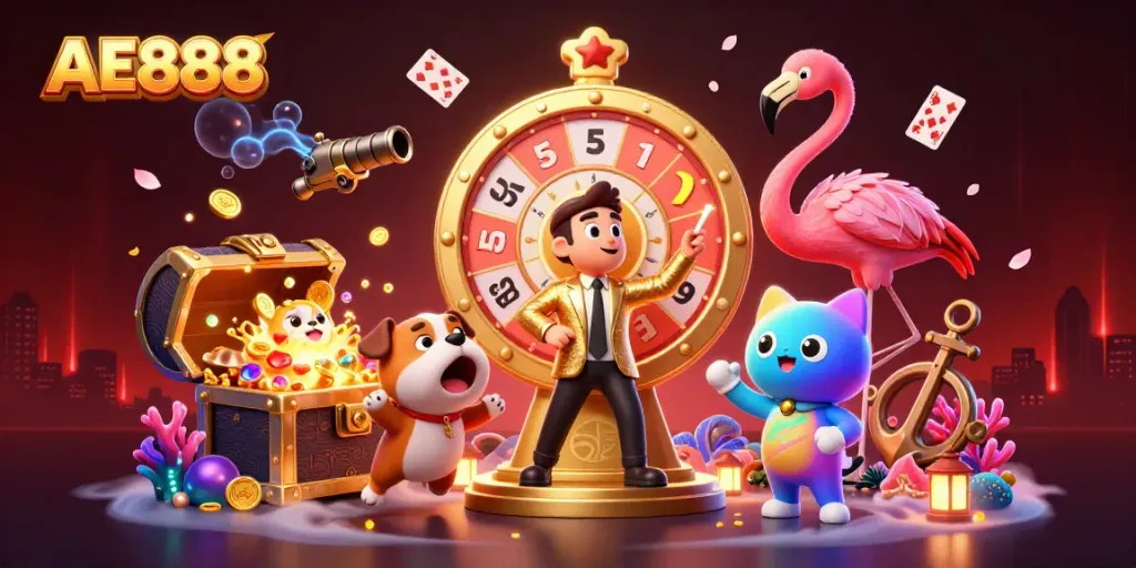 Experience thrilling wins at AE888 with engaging game show characters and dazzling casino elements.