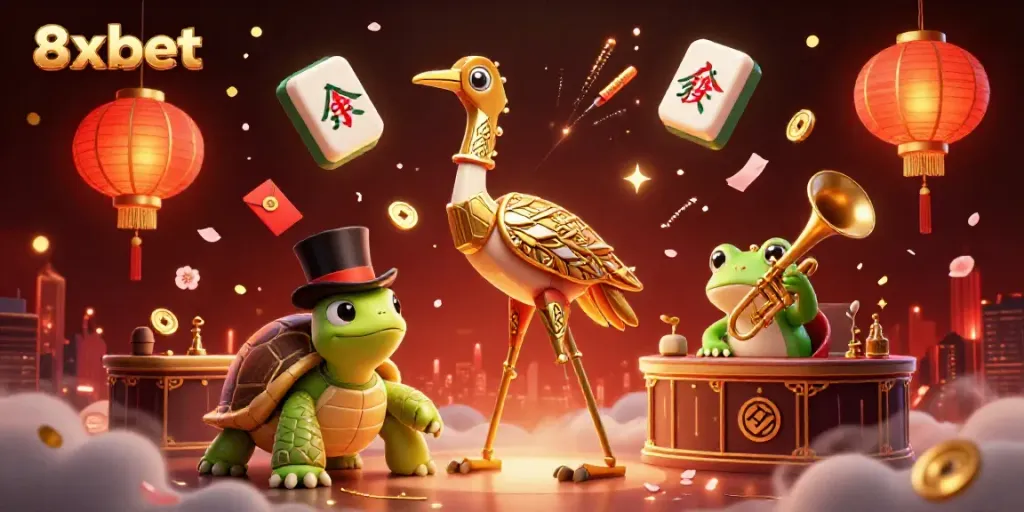 Experience exhilarating gaming with 8xbet amidst lively characters and festive decorations.