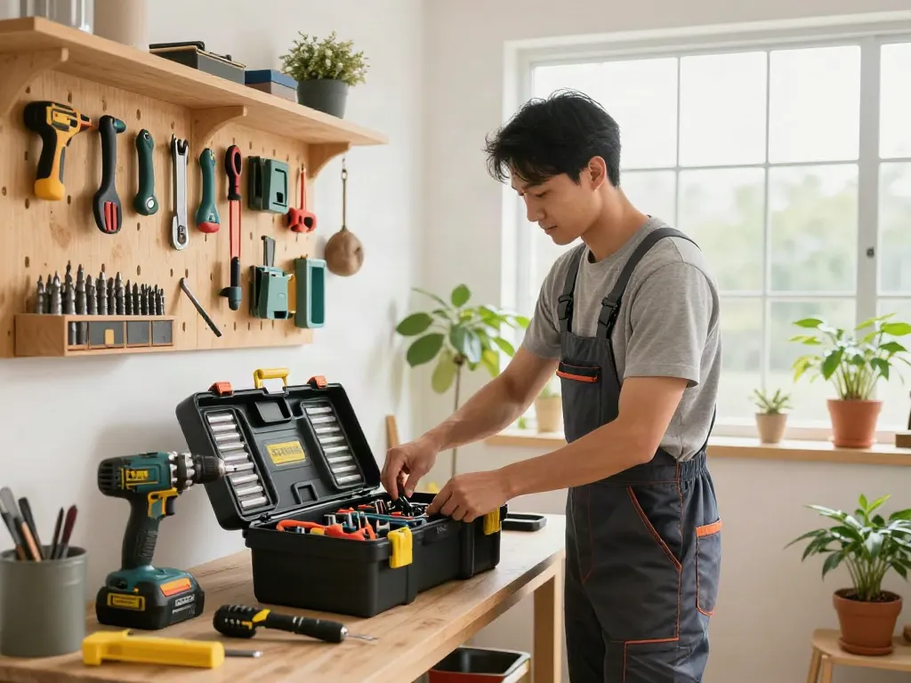 Efficient handyman organizing tools in a stanley essential rolling workshop, showcasing a bright and functional workspace.