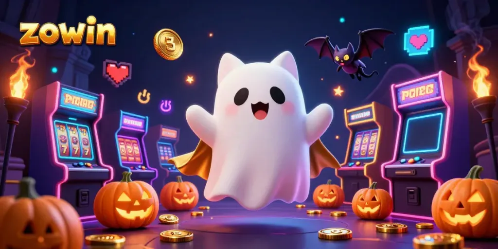 Zowin offers a ghost cat and bat in a haunted casino scene with slot machines and glowing pumpkin motifs.