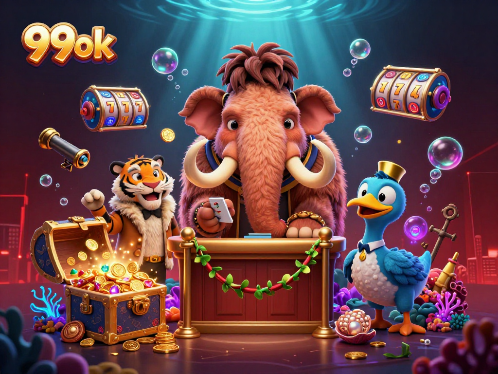Experience the vibrant casino scene of 99ok with a mammoth bouncer and treasures.
