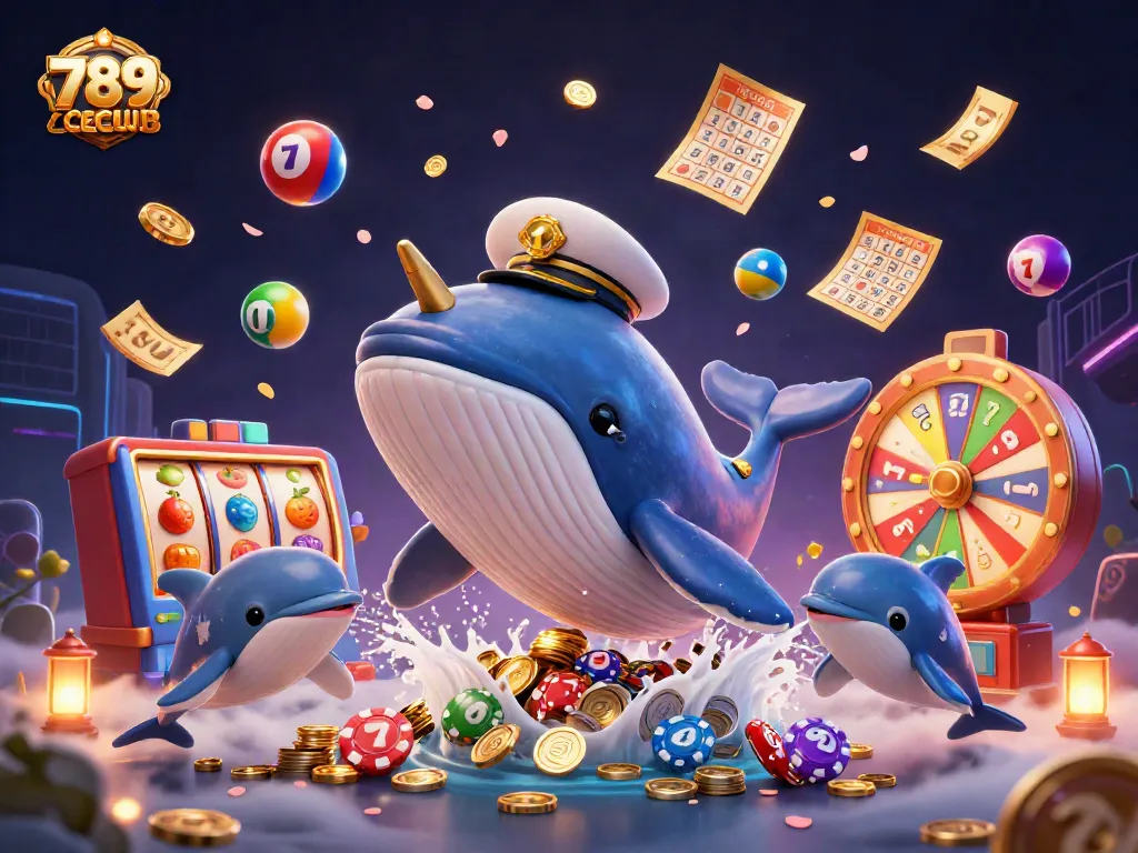Experience the thrill of 789CLUB with a dynamic illustration of a cartoon whale, slot reels, and festive elements.