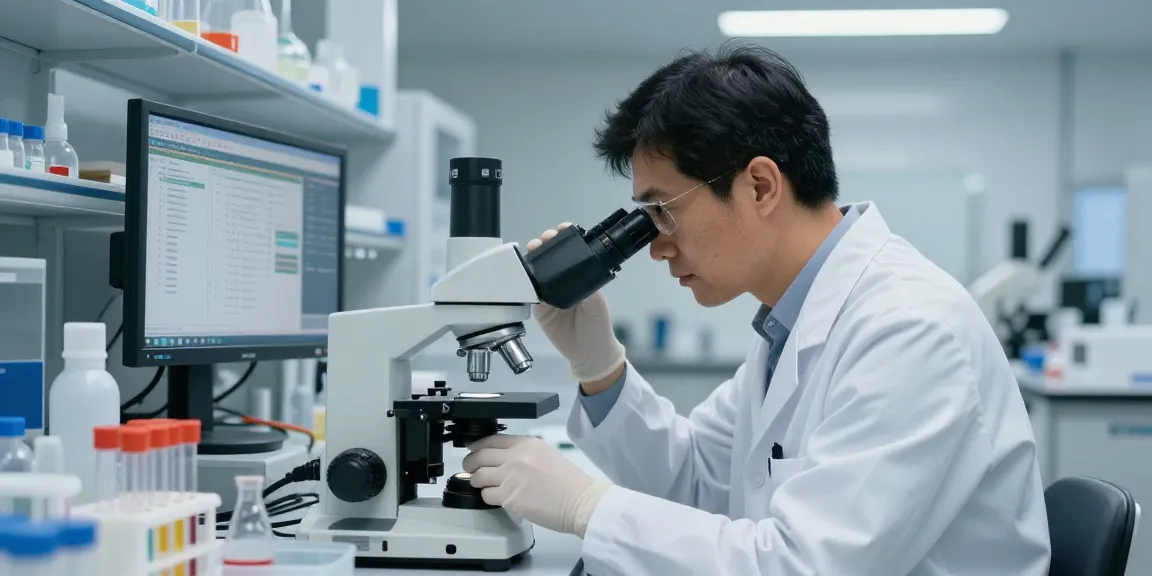 Researcher analyzing SwissChems Peptide samples in a high-tech lab.
