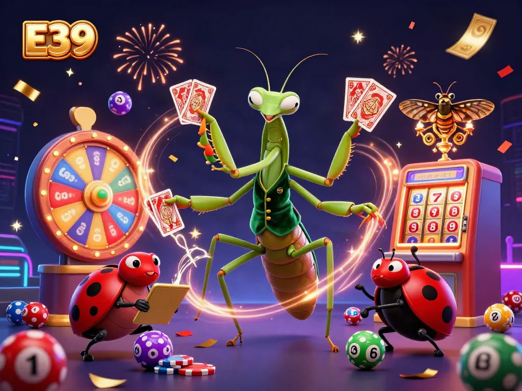 E39 online casino illustration with a giant praying mantis dealing cards and a ladybug pit boss in a vibrant scene.