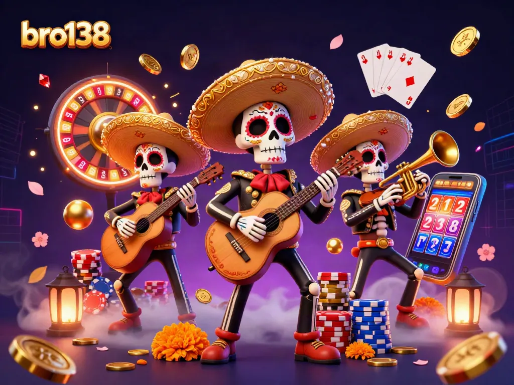 Spin and win at bro138 with a vibrant mariachi band amidst dazzling casino elements.