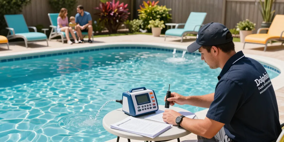 Dolphin Pool Services technician inspecting a residential pool, showcasing expert maintenance and care for family enjoyment