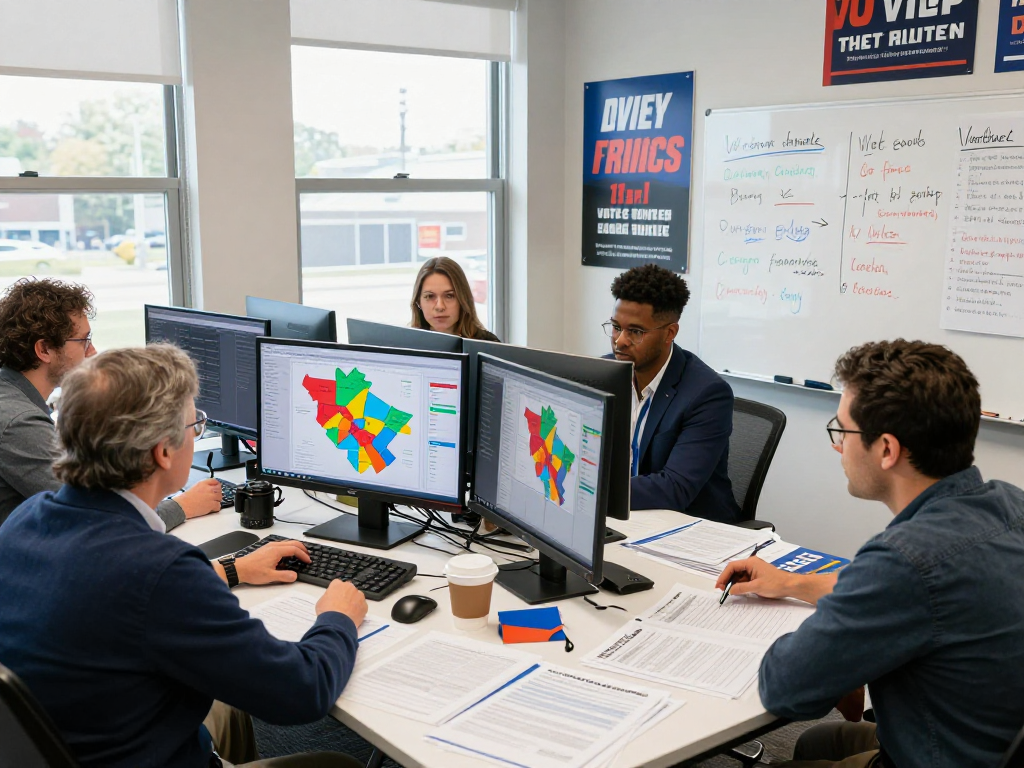 State legislature campaign marketing analysis with diverse team in campaign office.