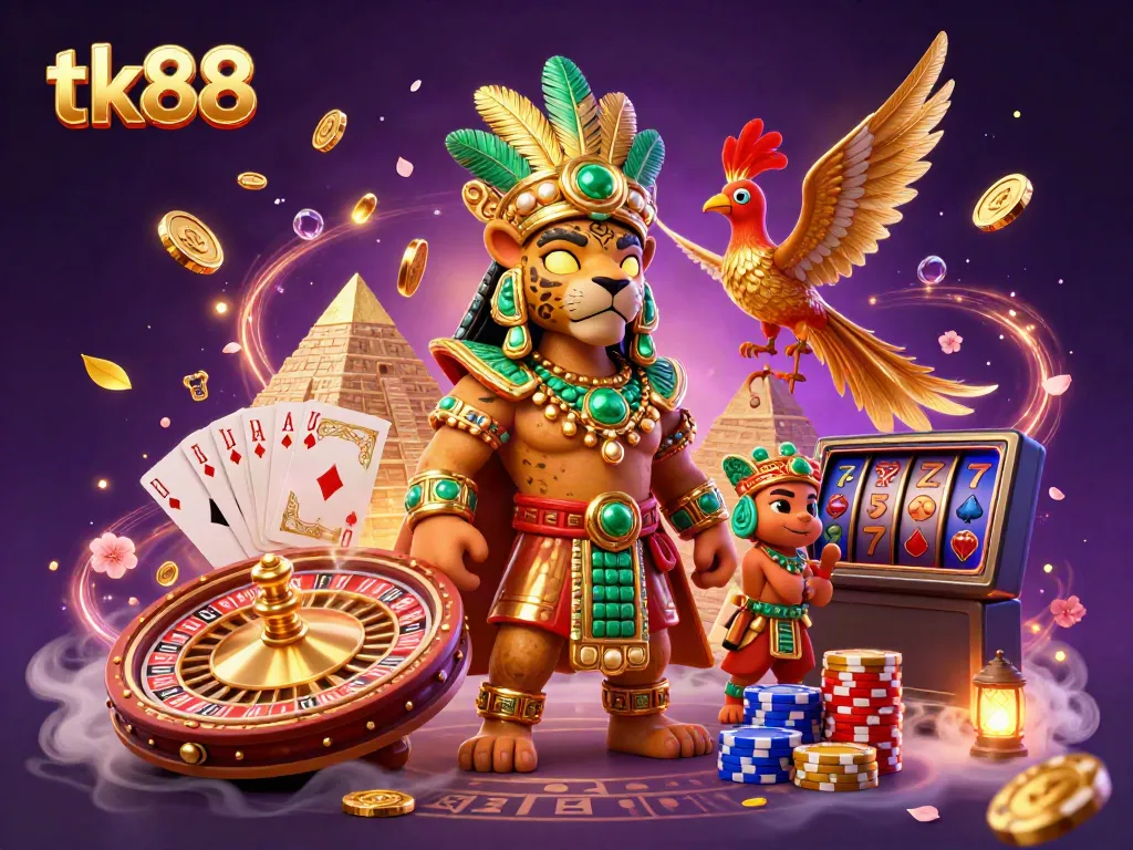 Engage with tk88’s dynamic casino world featuring Mayan priest and golden treasures.