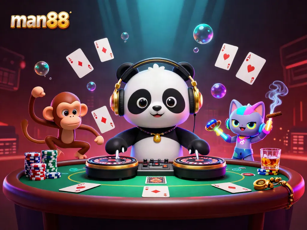 Engage with the thrilling man88 gaming experience showcasing a DJ panda, glowing kitten, and dancing monkey in a vibrant casino scene.