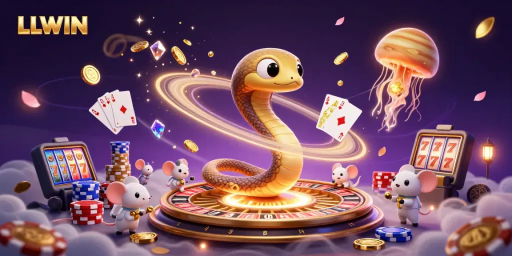 Experience thrilling bets with LLWIN in a cosmic casino featuring a Saturn ring snake and astronaut mice.
