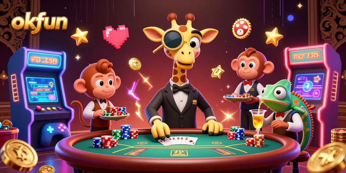 Play exciting games at okfun with a high-roller giraffe and vibrant gaming machines.
