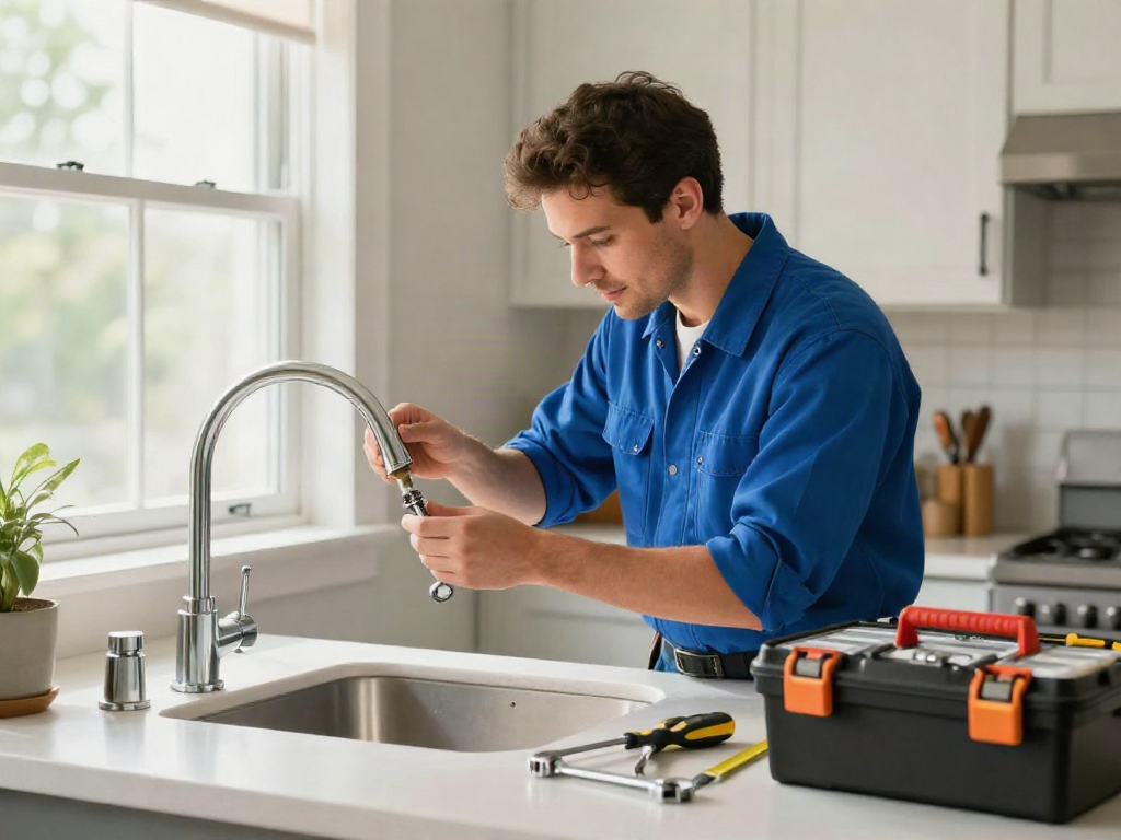 Technician demonstrating home repair services Des Moines Iowa by fixing a leaky faucet in a bright kitchen.