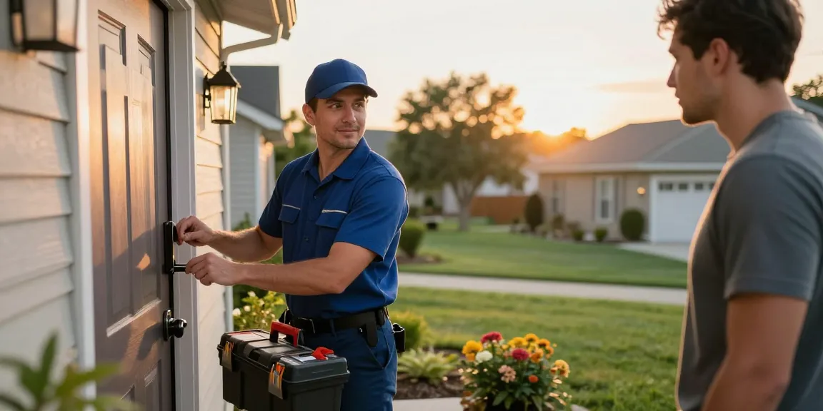 South Florida locksmith assisting a homeowner with a lock installation in a residential neighborhood.