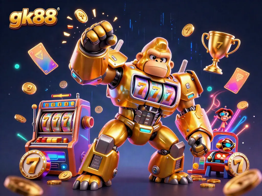 Spin to win with gk88, featuring an explosive 3D golden gorilla mech and slot machine parts.
