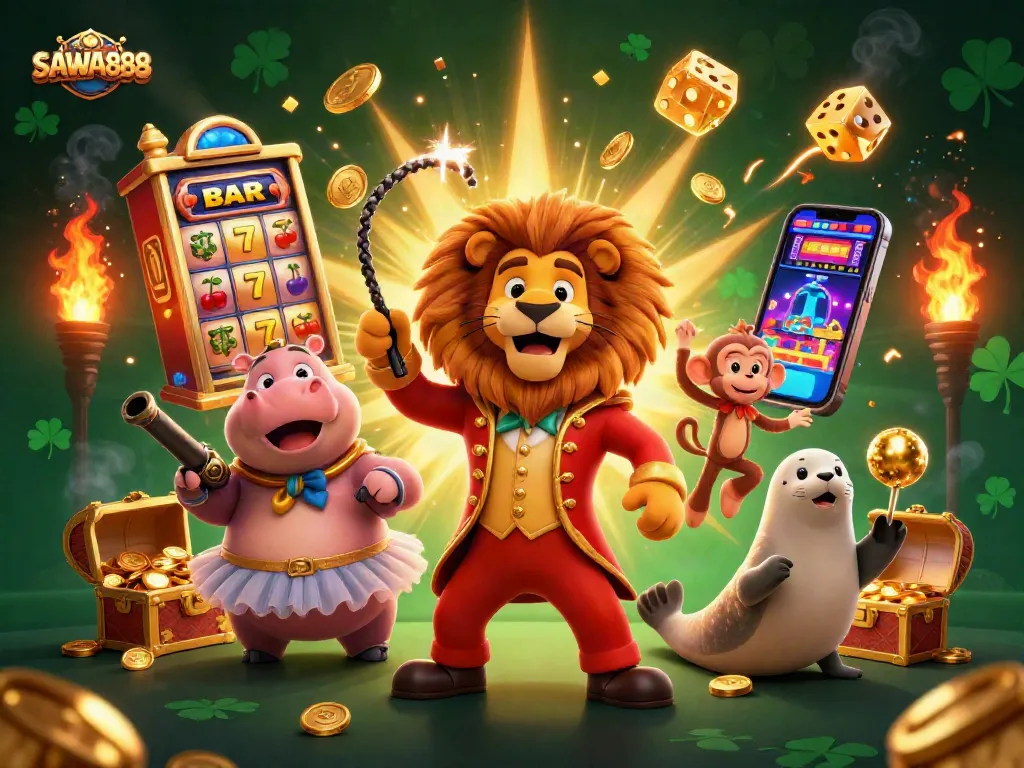 Experience the excitement of SAWA888 with a vibrant carnival scene filled with slot machines and dazzling characters.