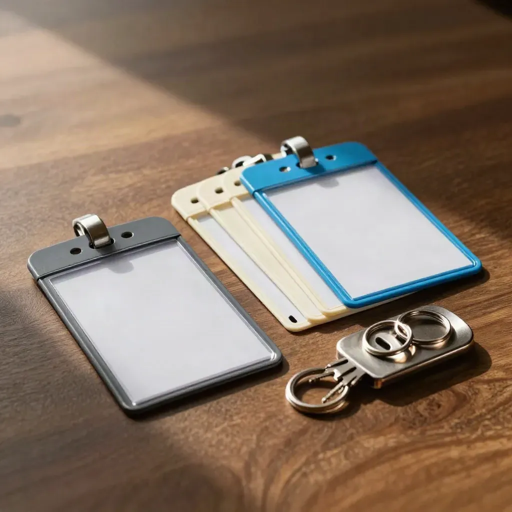 Badge holders, binder tabs, and key tray on brushed wood in soft daylight with warm haze.