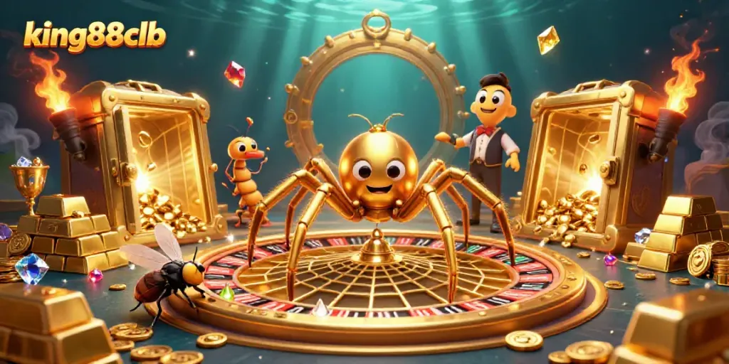 Catch the excitement of king88clb as a golden spider spins a roulette wheel, promising big wins!