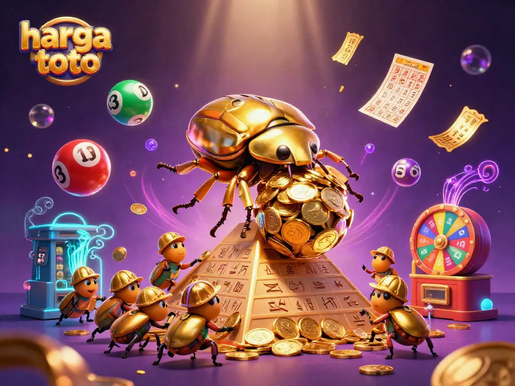Engage with harga toto while witnessing a dynamic casino scene with golden beetles and exciting lottery elements.