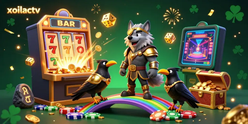 Watch thrilling live sports betting with xoilactv featuring Norse mythology-inspired characters amidst a vibrant casino environment.