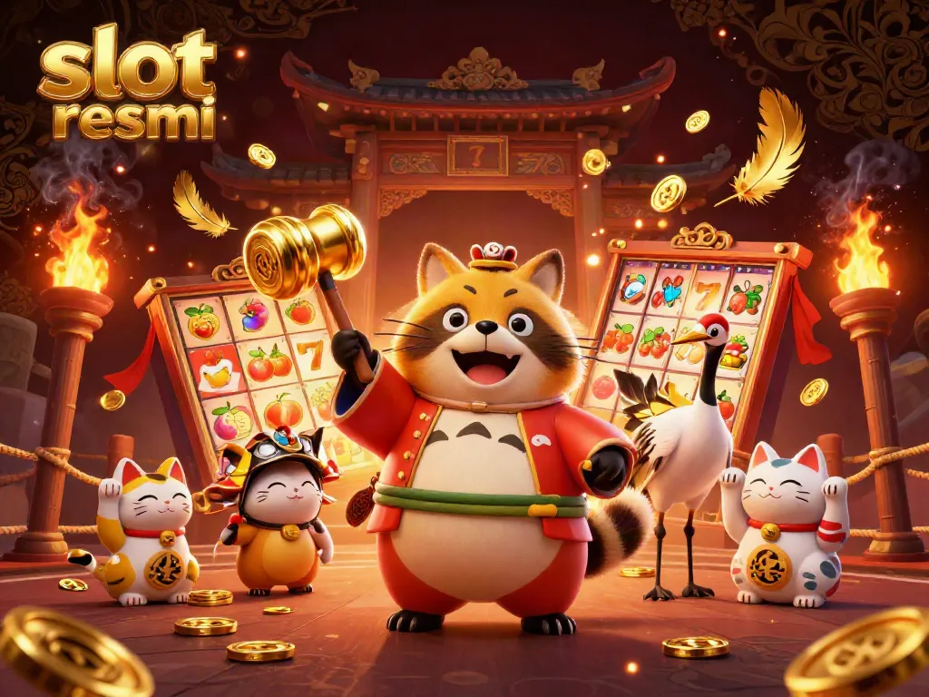Engage with slot resmi through a lively scene featuring a cheerful tanuki and lucky symbols