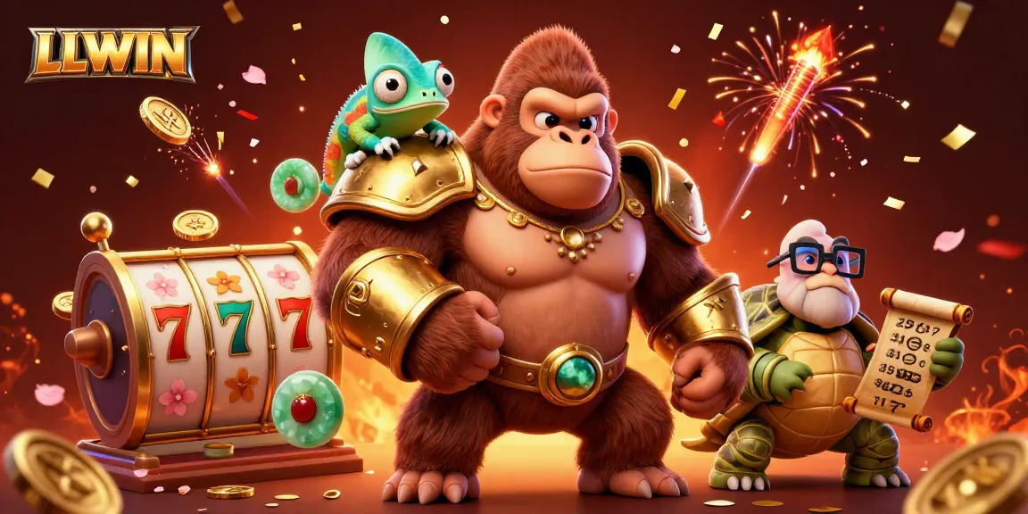 LLWIN showcases a powerful gorilla in golden armor surrounded by dynamic gambling elements, celebrating winning moments.
