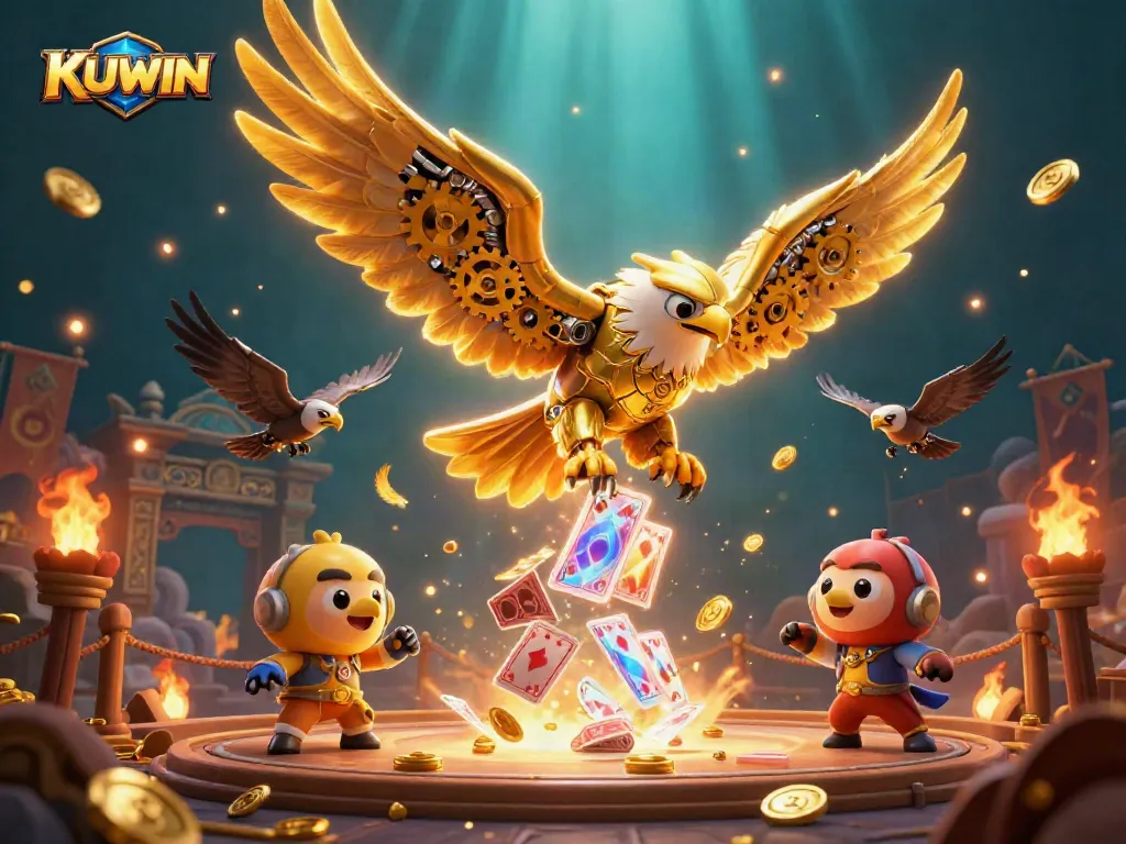 Experience thrilling gameplay with KUWIN's cybernetic eagle in a vibrant casino landscape.