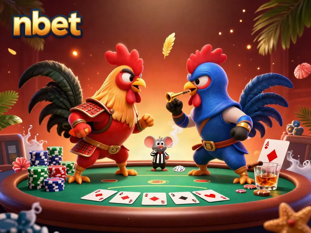 Experience the excitement of nbet with dynamic fighting roosters and vibrant poker game elements.