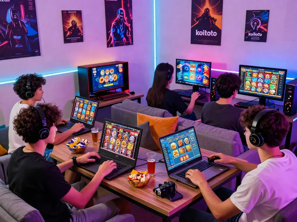 Friends enjoy gaming on the koitoto platform, playing slots on devices in a vibrant setting.