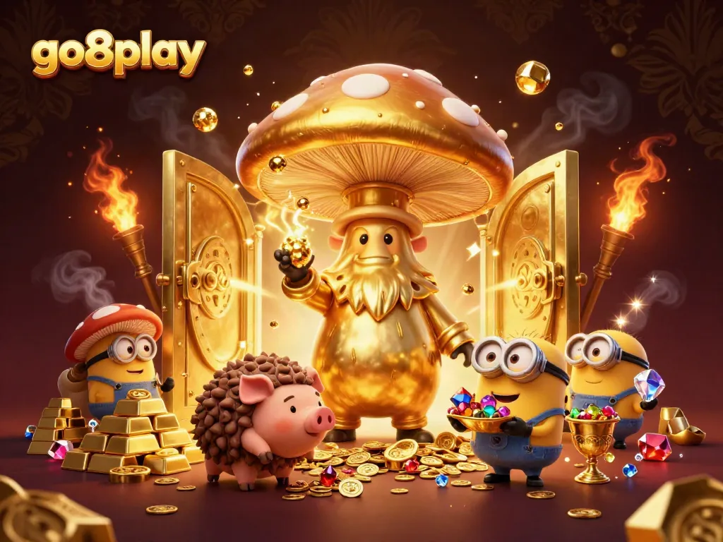 Experience the magic of go8play with a golden mushroom wizard and treasures galore in this vibrant casino illustration.