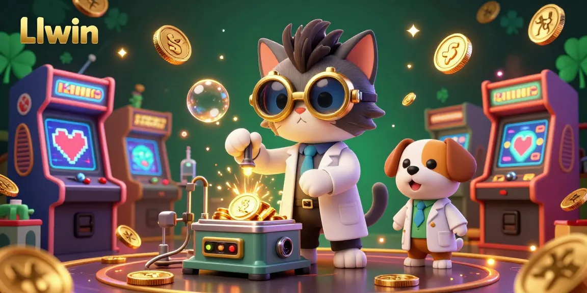 Spin to win at Llwin with a mad scientist cat creating gold coins amid exciting gaming elements.