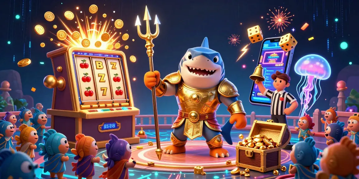 Experience gem88 excitement in a vibrant underwater casino scene with a powerful tiger shark and thrilling jackpot action.
